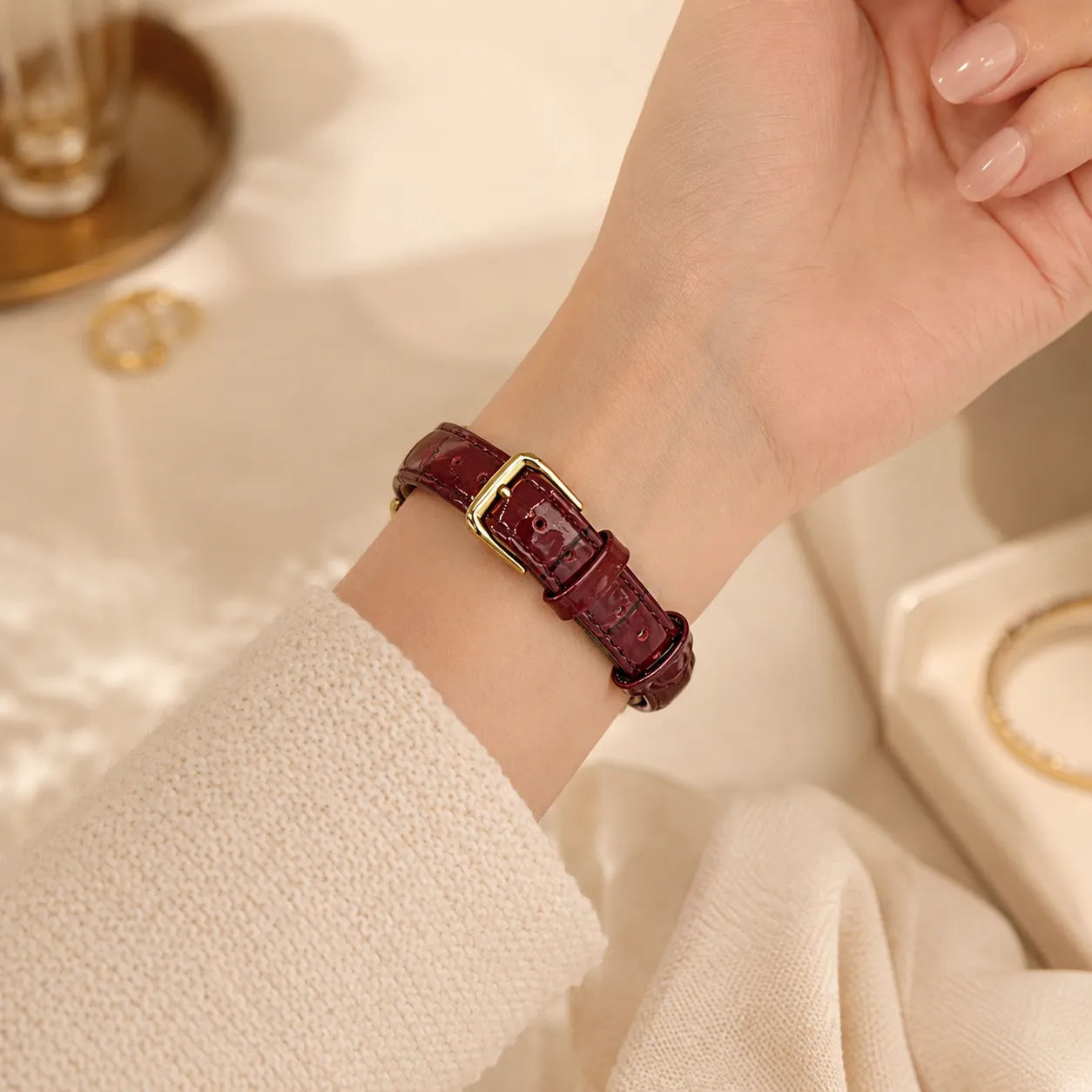 Textured Leather Apple Watch Band for Women Burgundy view