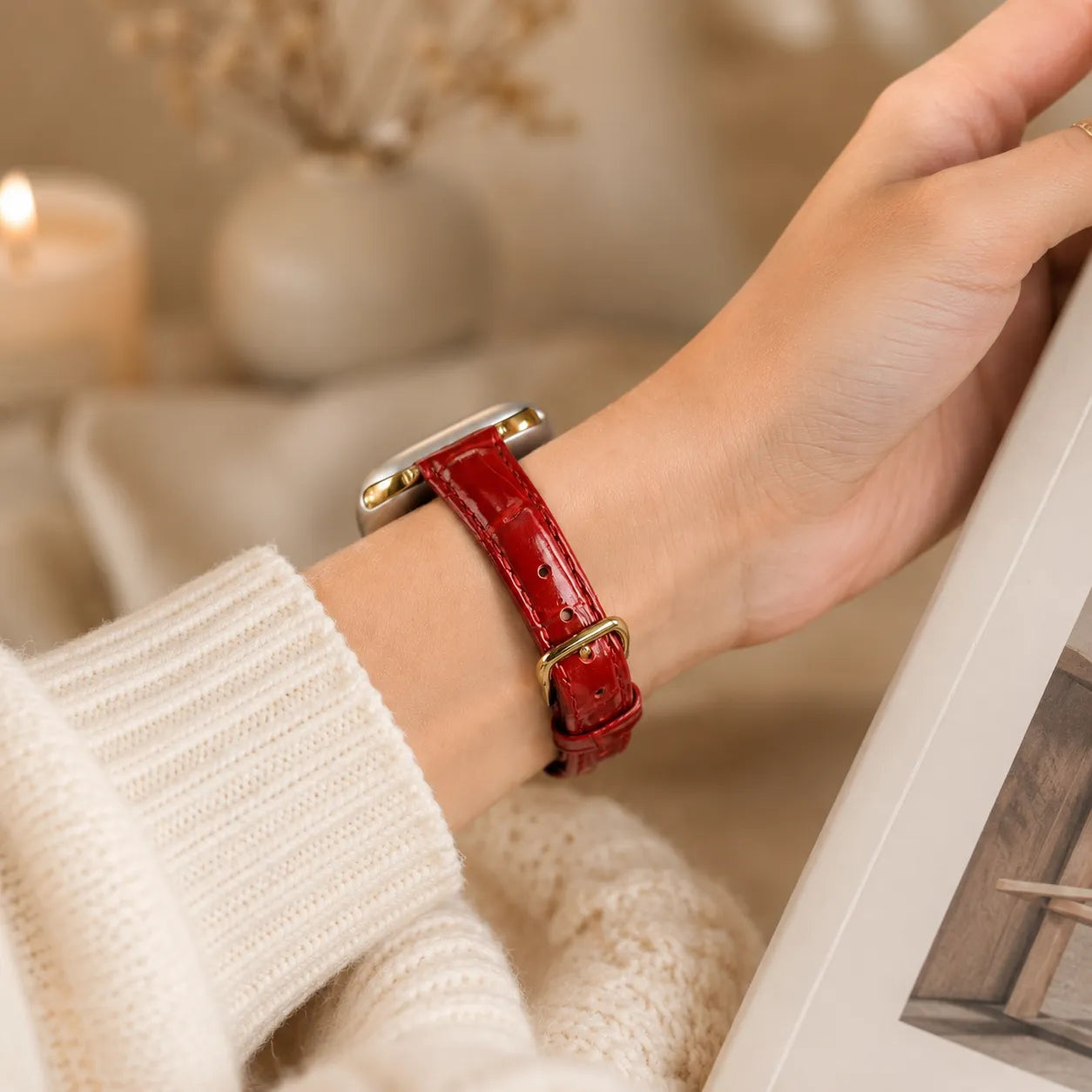 Textured Leather Apple Watch Band for Women red view