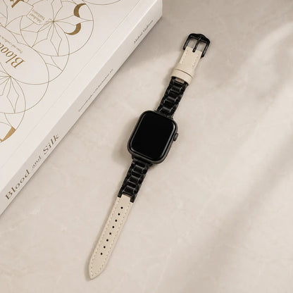 Two-Tone Ceramic Leather Apple Watch Band black and cream