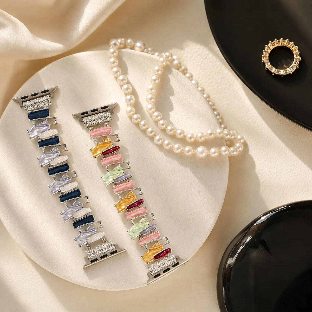Colorful metal scrunchie Apple Watch bands with irregular jewel-toned links