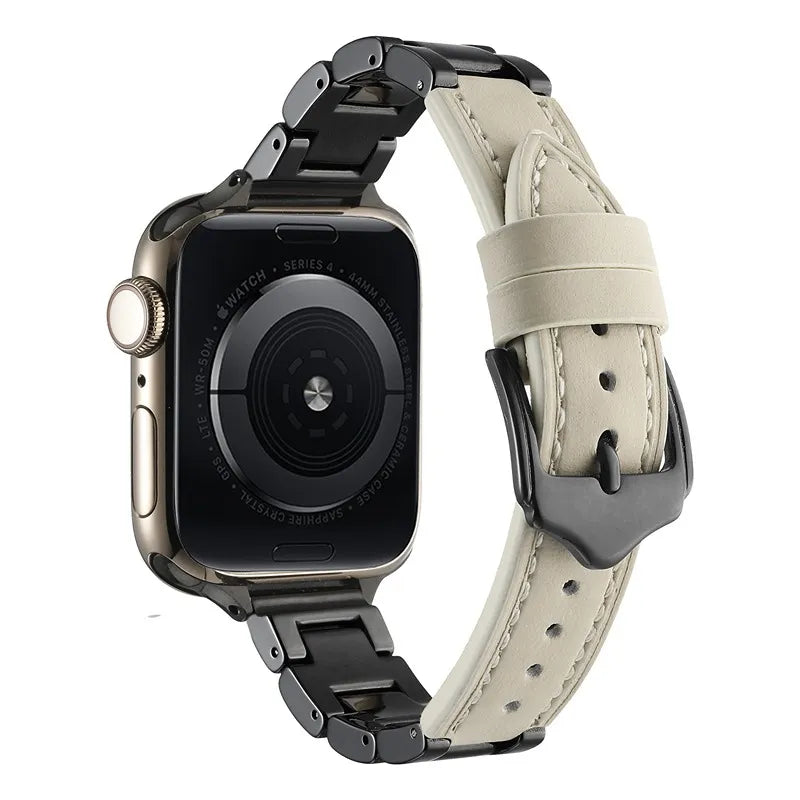 black & cream Two-Tone Ceramic Leather Apple Watch Band all