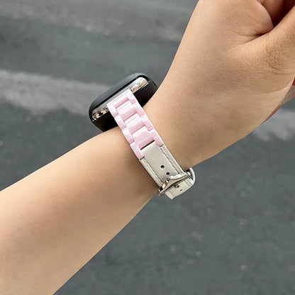 pink & white Two-Tone Ceramic Leather Apple Watch Band detail