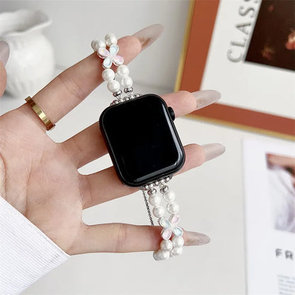 Elegant Beaded Apple Watch Band with Flower Accents