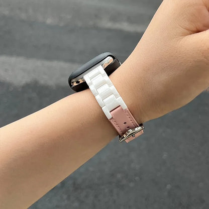 white & peach Two-Tone Ceramic Leather Apple Watch Band detail